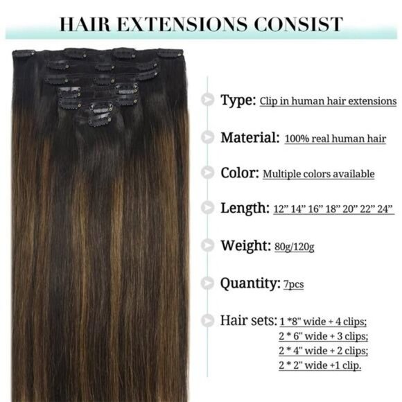 Hair Extension Human, Balayage Dark Brown to Chestnut Brown 120g 7pcs 18 " - Picture 3 of 6